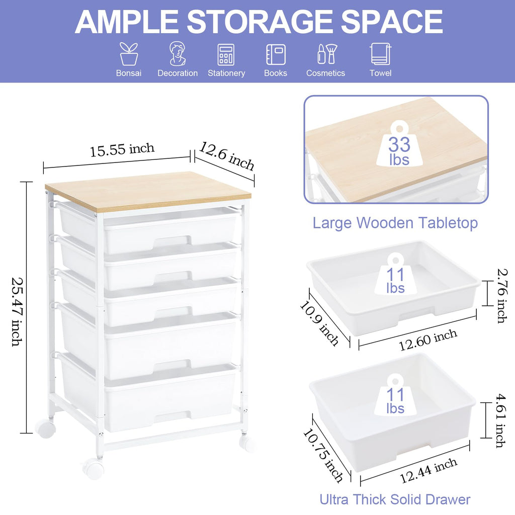 Rolling Cart with 5 Drawers Bright White S67102