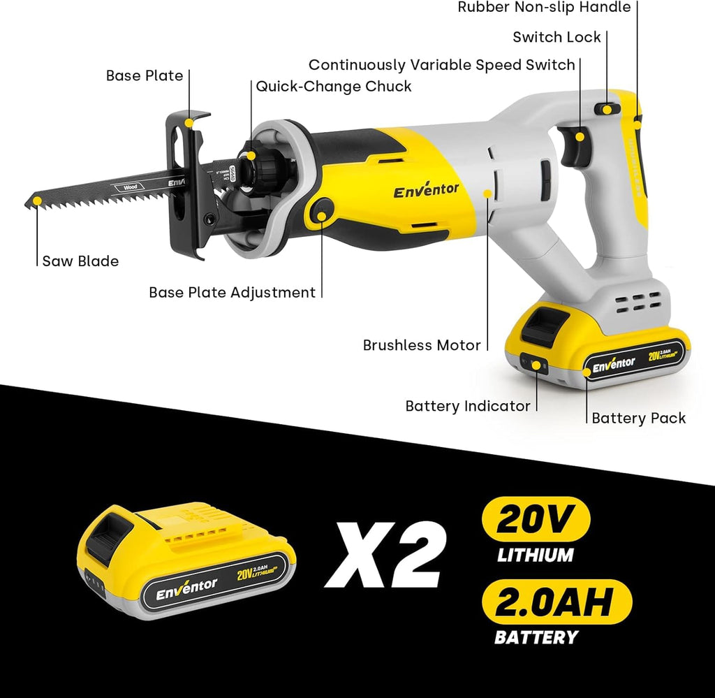 Reciprocating Saw with Brushless Motor, 20V, 2 x 2.0 Ah Batteries J486792