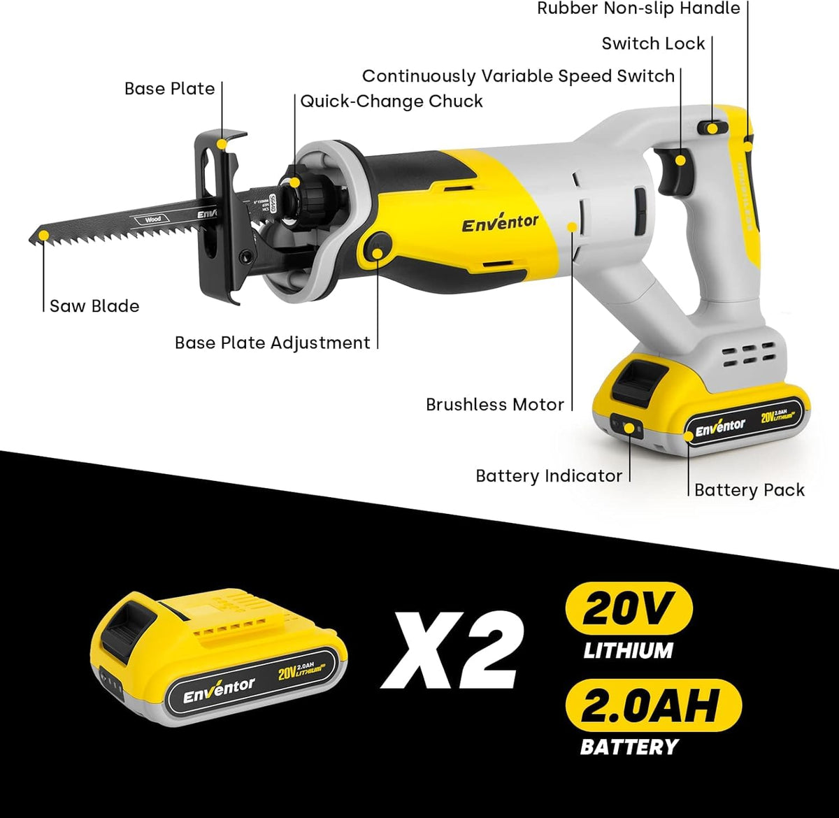 Reciprocating Saw with Brushless Motor, 20V, 2 x 2.0 Ah Batteries J486792