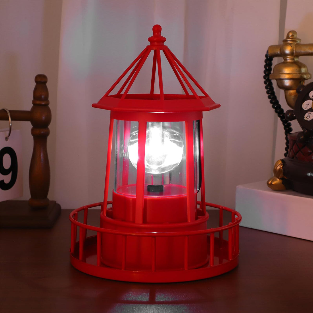 Solar Powered Rotating Lighthouse Garden Light Outdoor Waterproof Resin Iron Red N713928
