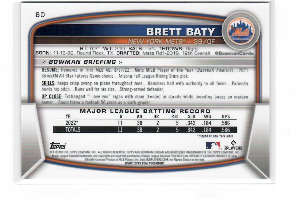 Bowman Chrome Mega Box Mojo Refractor Purple #80 Brett Baty RC Rookie Card /250 New York Mets Baseball NM-MT U6710
