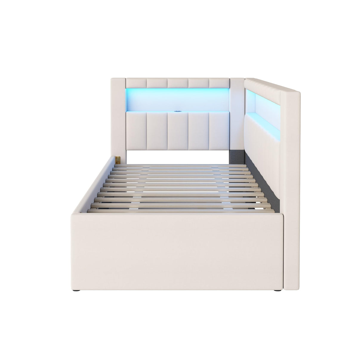 White Linen Upholstered Twin Size Daybed with Trundle and Bookcase Headboard N9012