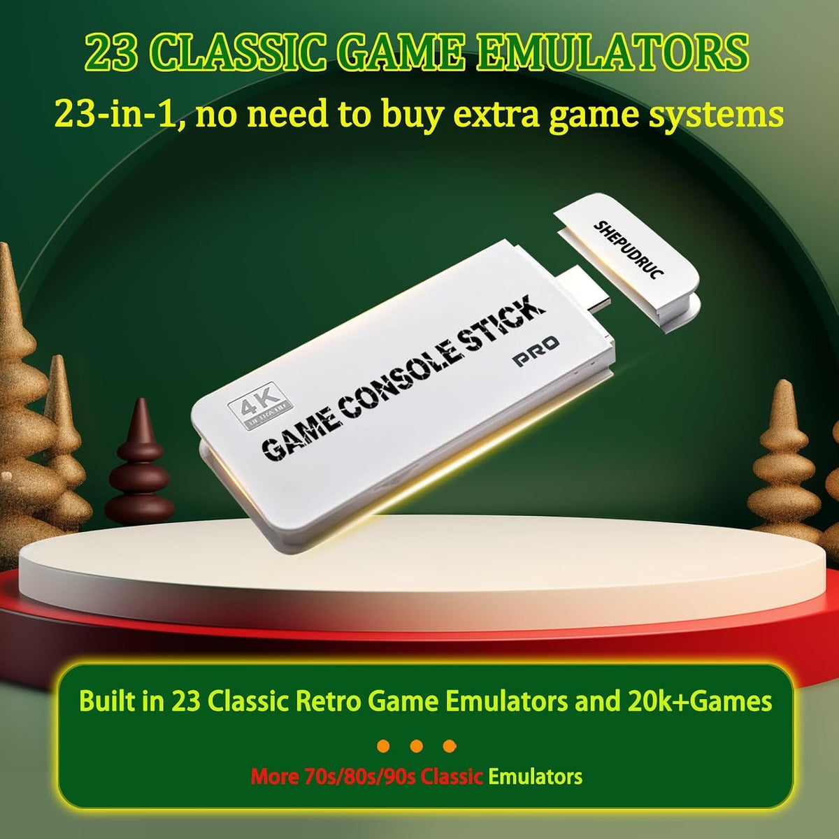 Wireless Retro Gaming Console Stick, 23 Built-In Emulators, 20,000+ Games, 4K HDMI Output, Dual 2.4G Wireless Controllers, 64GB T2363