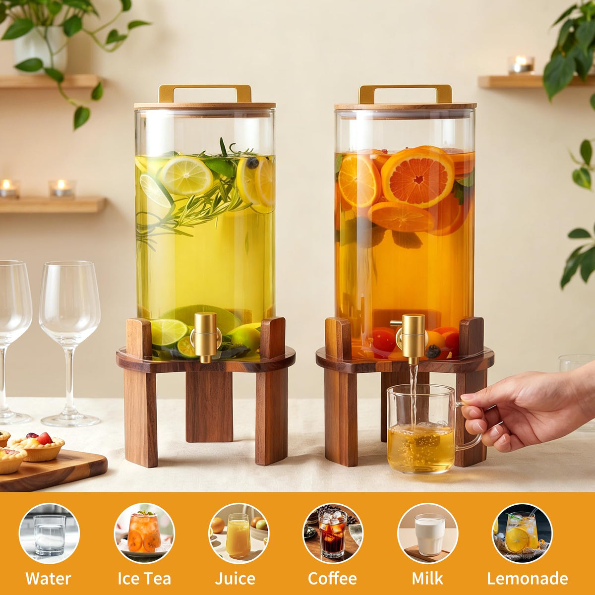 2 PCS 1.5 Gallon Glass Drink Dispenser with Wood Stand and Spigot T452