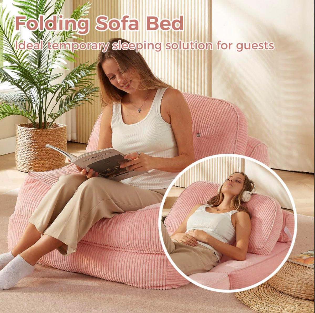 Pink Foldable Sofa Bed with Pillow & Blanket Z101