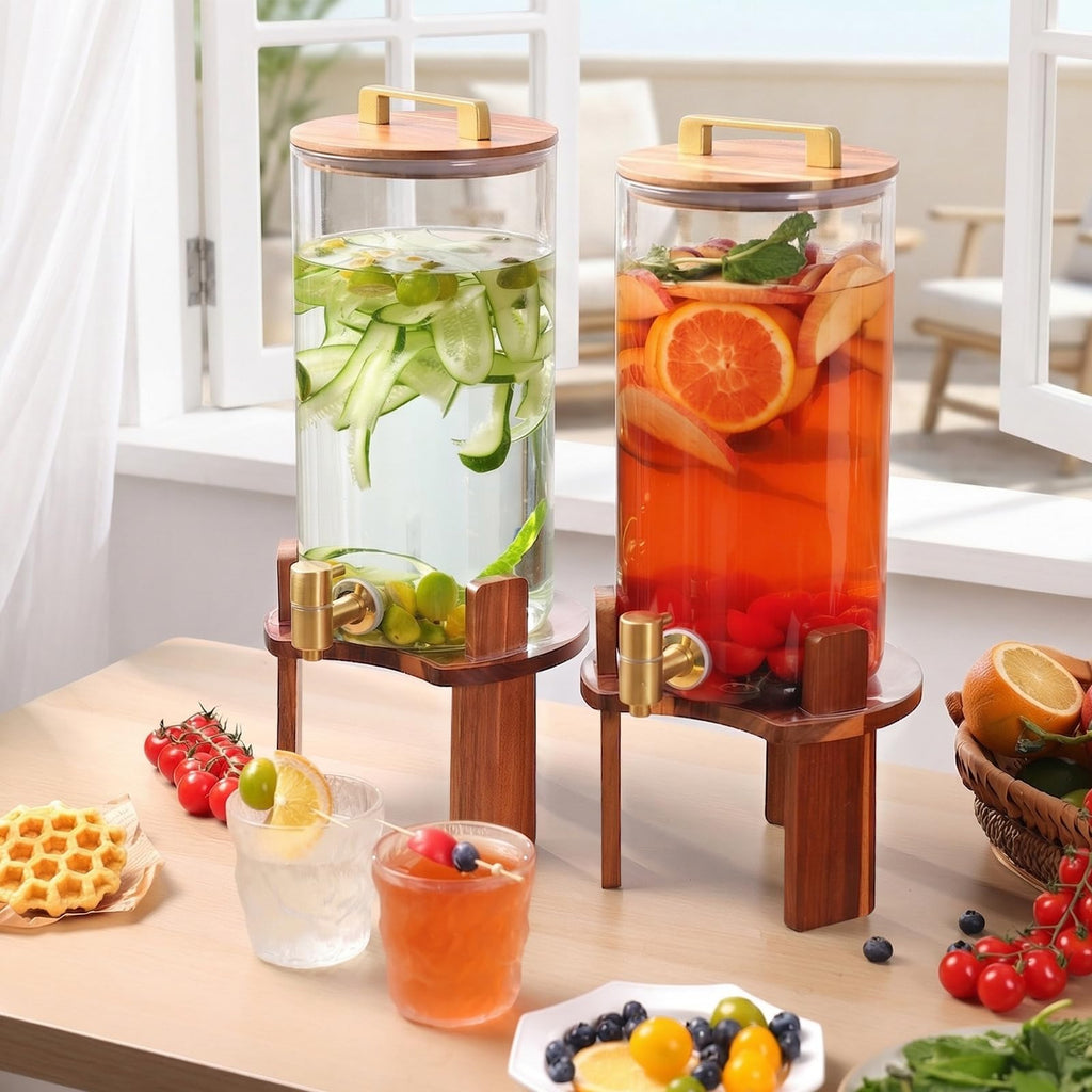 2 PCS 1.5 Gallon Glass Drink Dispenser with Wood Stand and Spigot T452