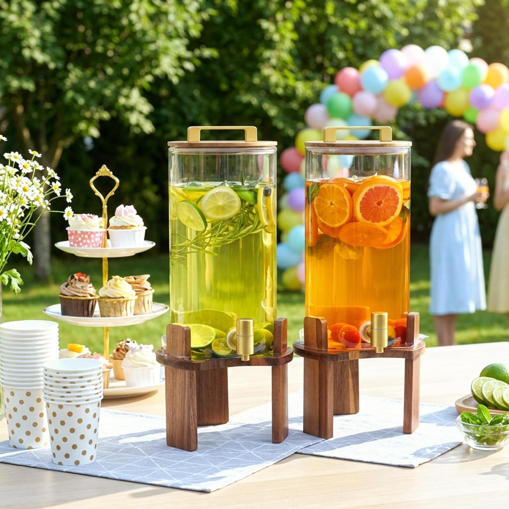 2 PCS 1.5 Gallon Glass Drink Dispenser with Wood Stand and Spigot T452