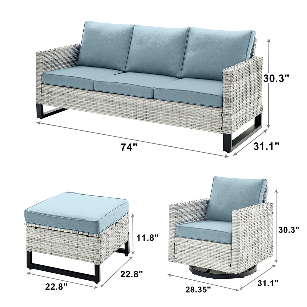 6 Piece Wicker Patio Conversation Set with Swivel Rocker Chairs and Ottoman M1864