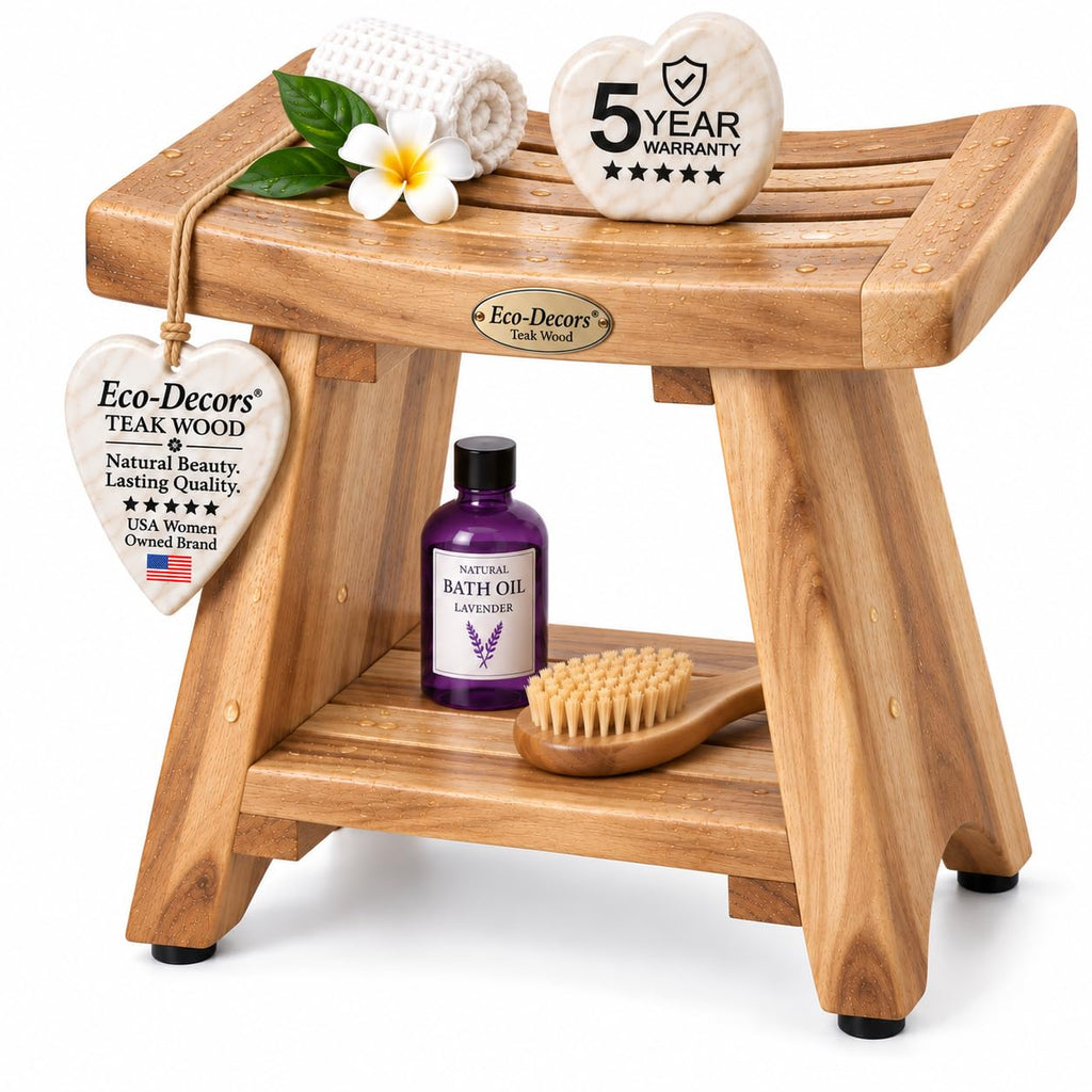 18" Solid Teak Shower Bench with Shelf U64161