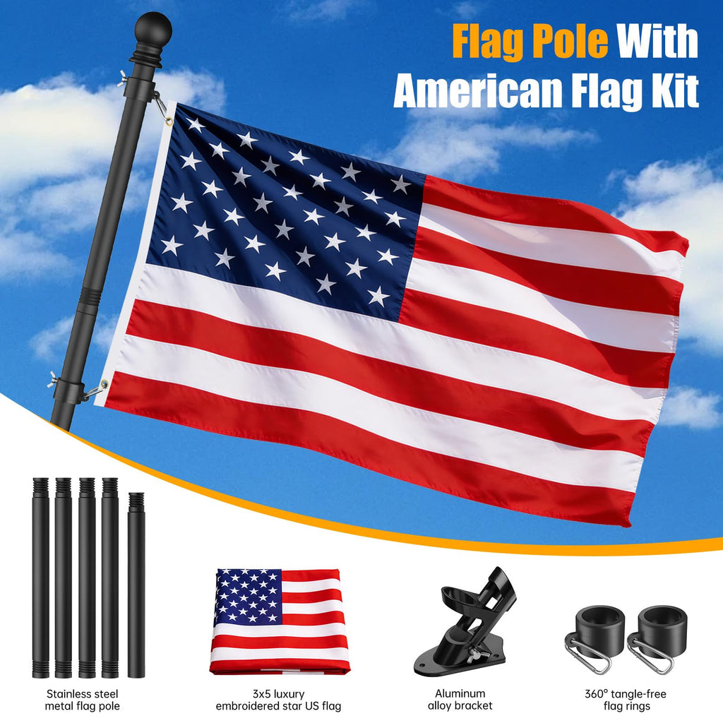 6FT Heavy Duty Tangle Free Steel Flag Pole Kit with 3x5 USA Flag W436