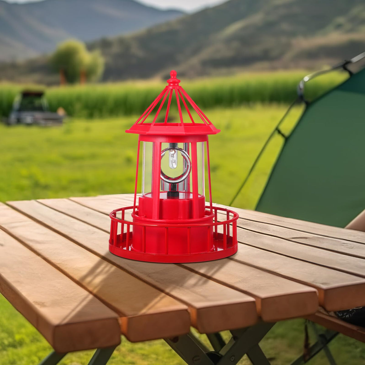 Solar Powered Rotating Lighthouse Garden Light Outdoor Waterproof Resin Iron Red N713928
