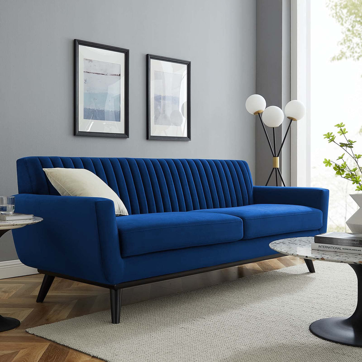 Navy Channel Tufted Performance Velvet Sofa B266
