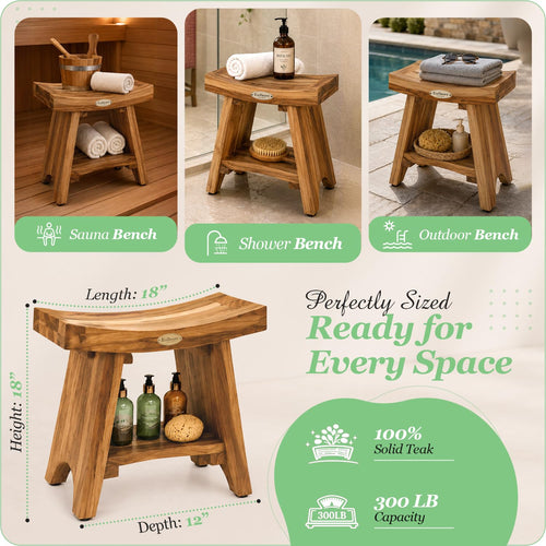 18" Solid Teak Shower Bench with Shelf U64161