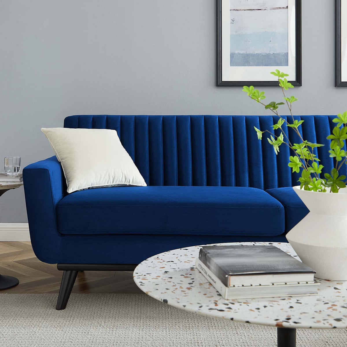 Navy Channel Tufted Performance Velvet Sofa B266
