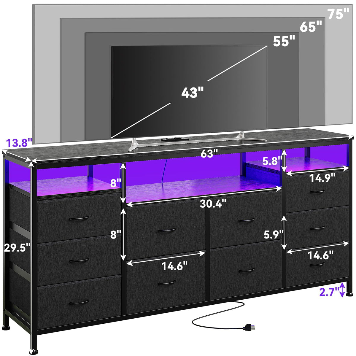 Black 10 Drawer Dresser TV Stand L8832