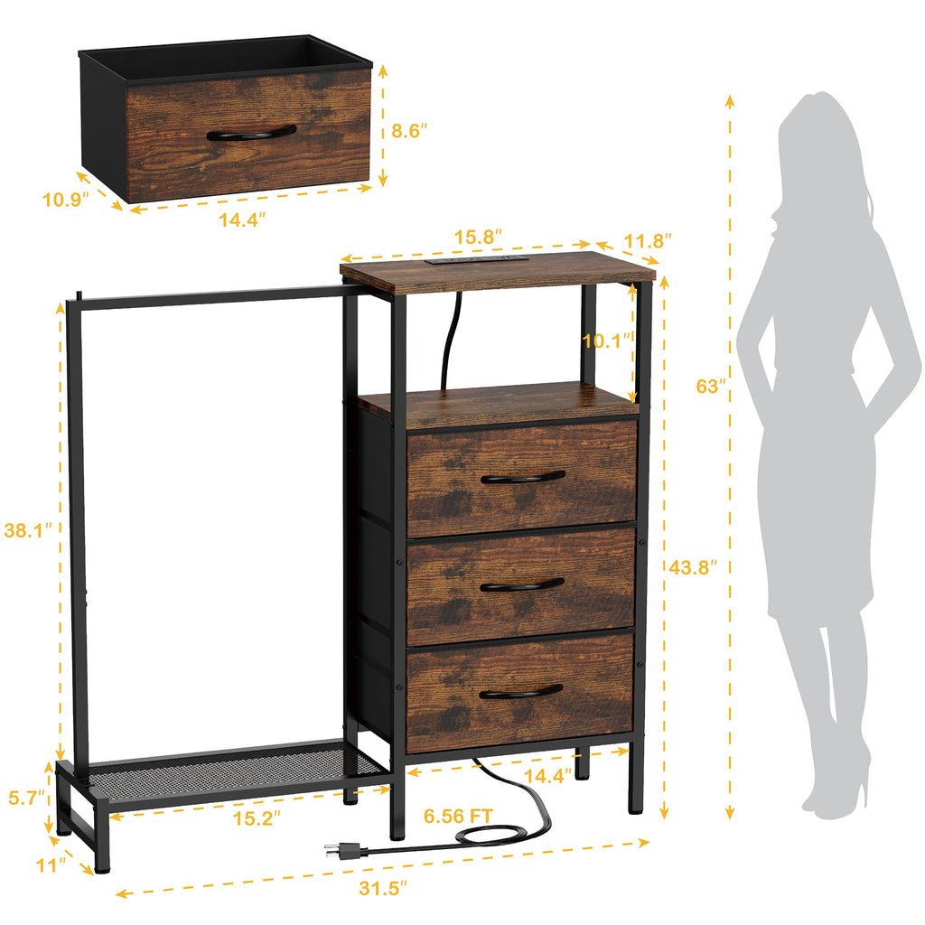 Brown 3 Drawer Fabric Dresser with Hanging Rack W112481