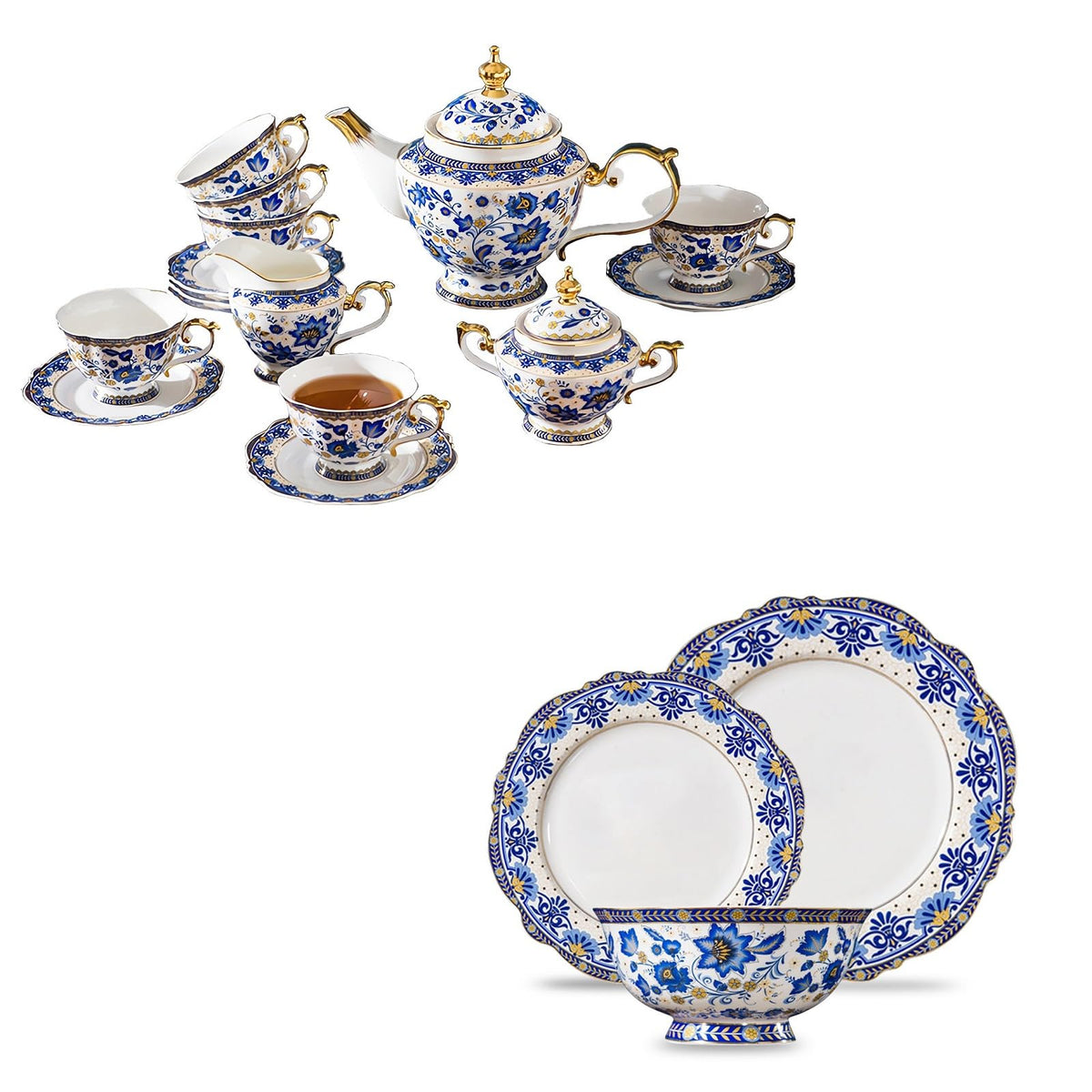 Bone China Tea Set for 6, 12 Pieces Blue and White L795202
