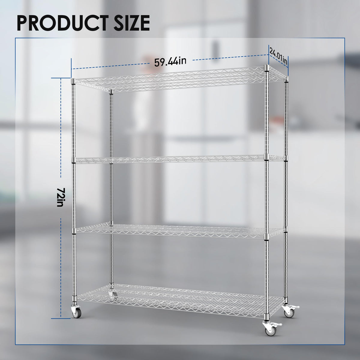 60" W 4-Tier Heavy Duty Wire Shelving 72" H x 24" D Metal Storage Rack with Wheels X633