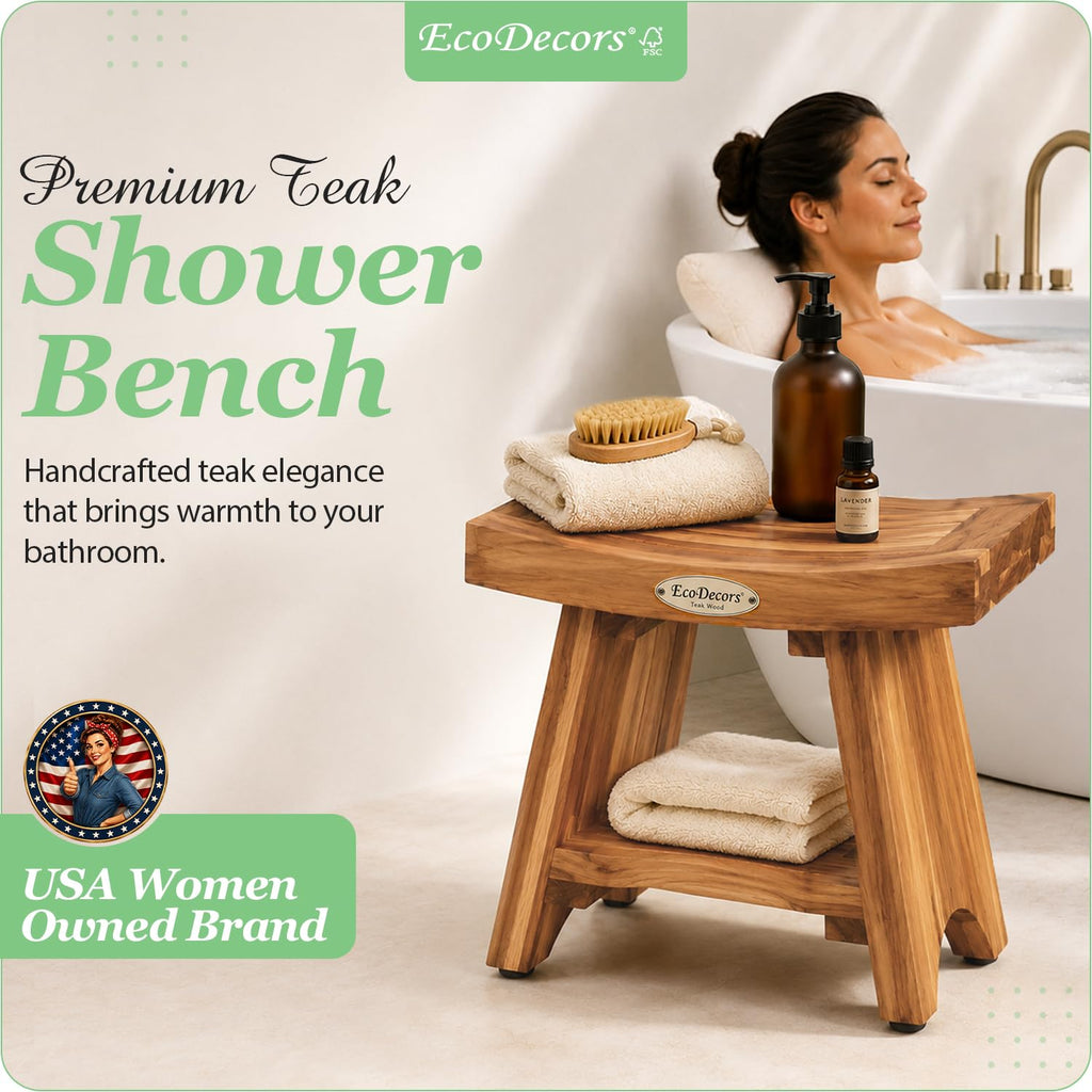 18" Solid Teak Shower Bench with Shelf U64161