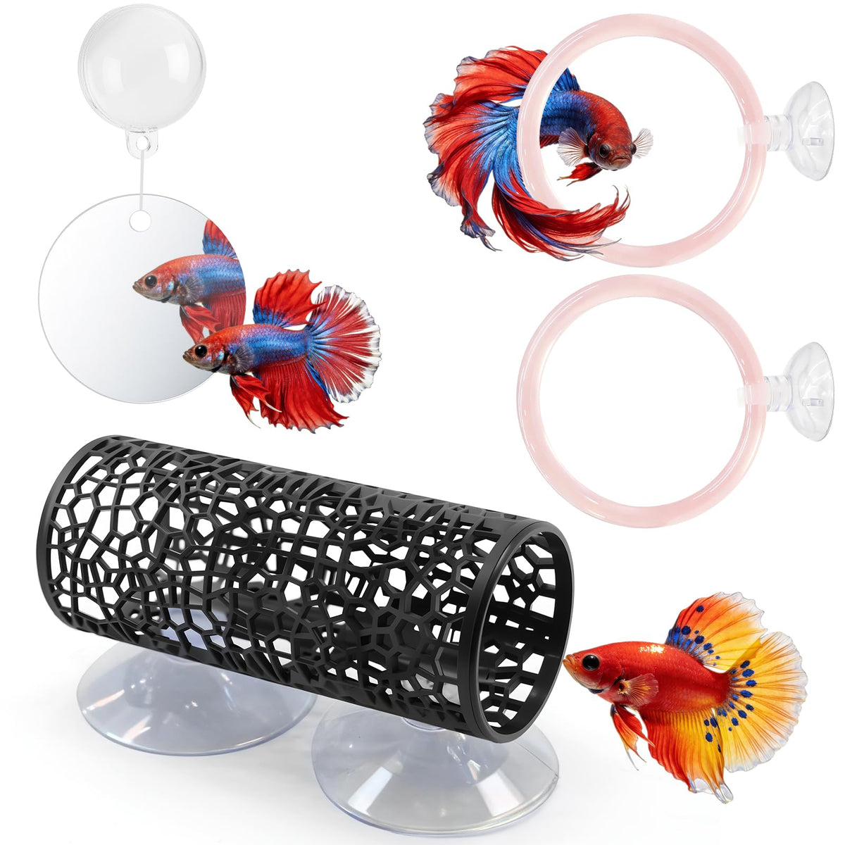 Betta Fish Tunnel Hammock Mirror Floating Ball 2 Training Ring Toys P392166