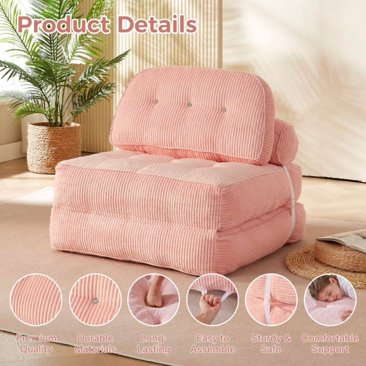 Pink Foldable Sofa Bed with Pillow & Blanket Z101