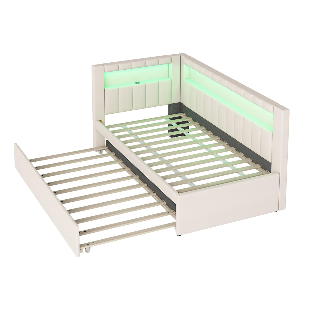 White Linen Upholstered Twin Size Daybed with Trundle and Bookcase Headboard N9012