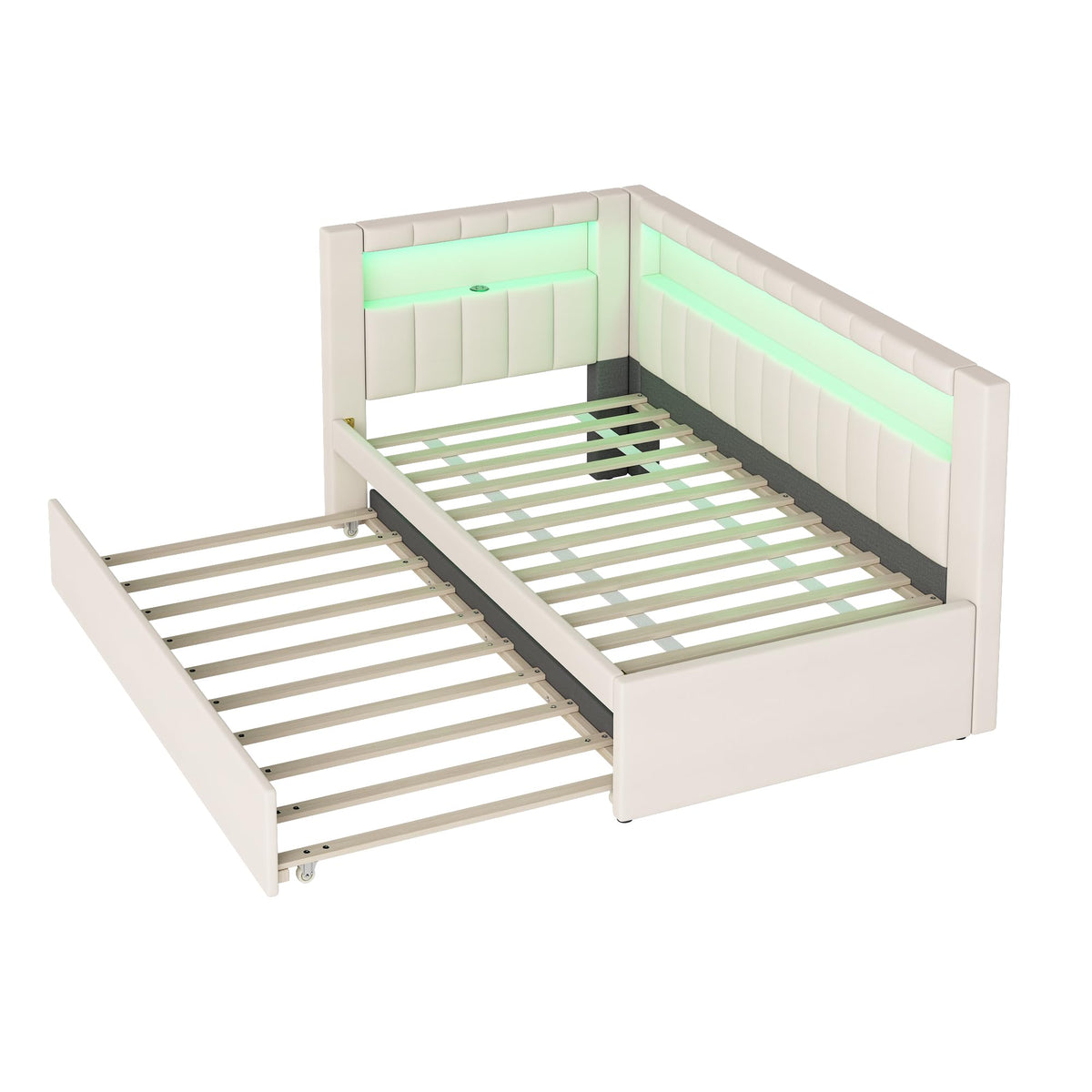 White Linen Upholstered Twin Size Daybed with Trundle and Bookcase Headboard N9012