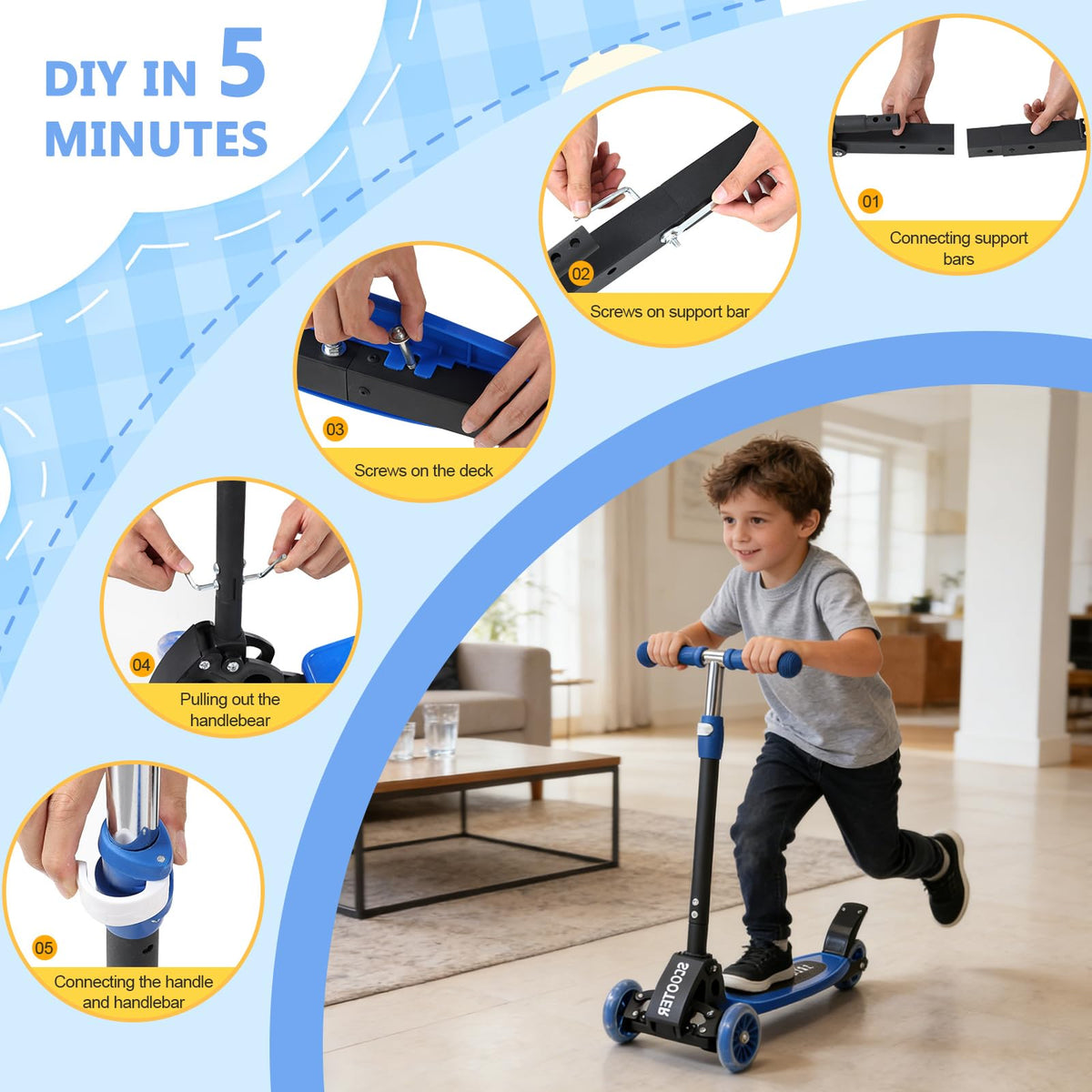 Foldable Metal 3 Wheel Scooter with Adjustable Heights G498