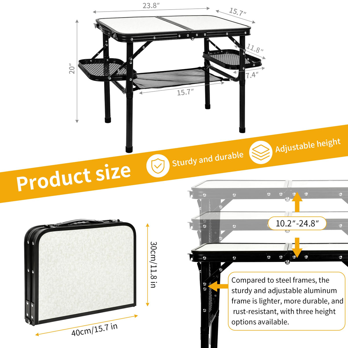 Folding Aluminum Camping Table 3-Height Adjustable with Carry Handle G318