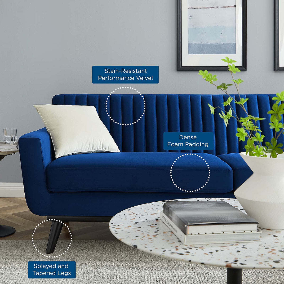Navy Channel Tufted Performance Velvet Sofa B266