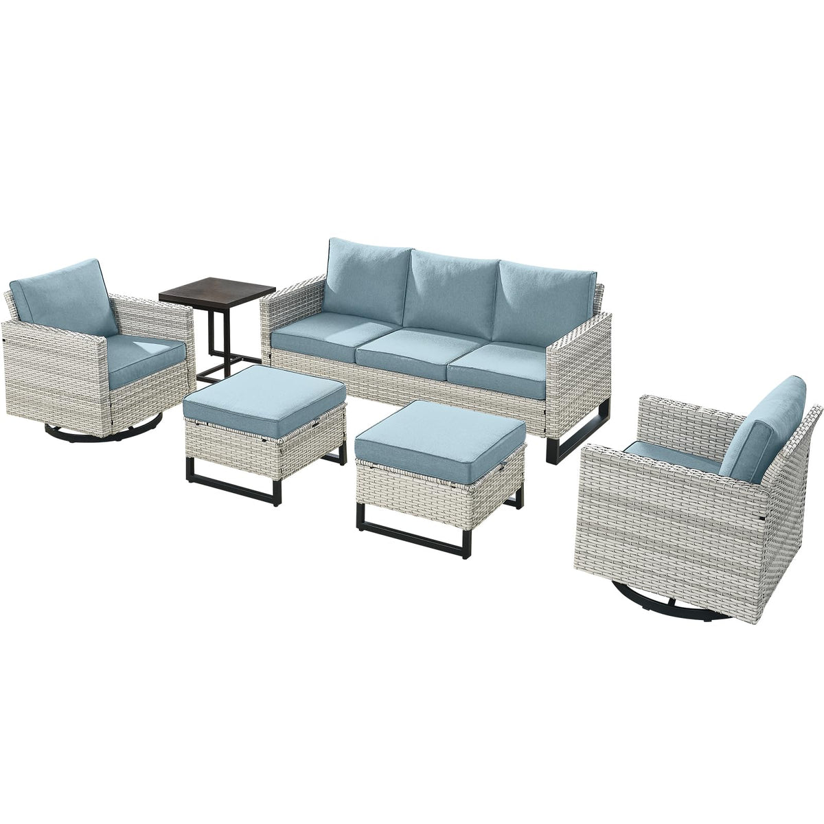 6 Piece Wicker Patio Conversation Set with Swivel Rocker Chairs and Ottoman M1864