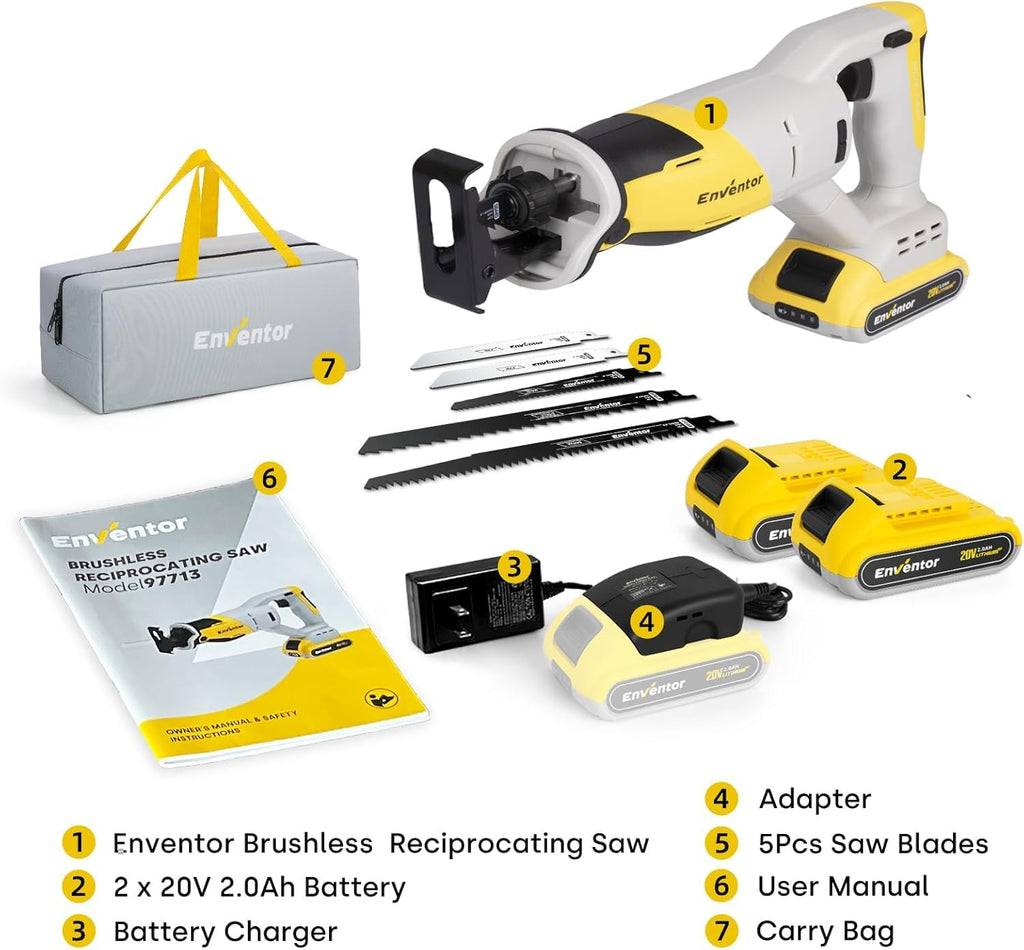 Reciprocating Saw with Brushless Motor, 20V, 2 x 2.0 Ah Batteries J486792