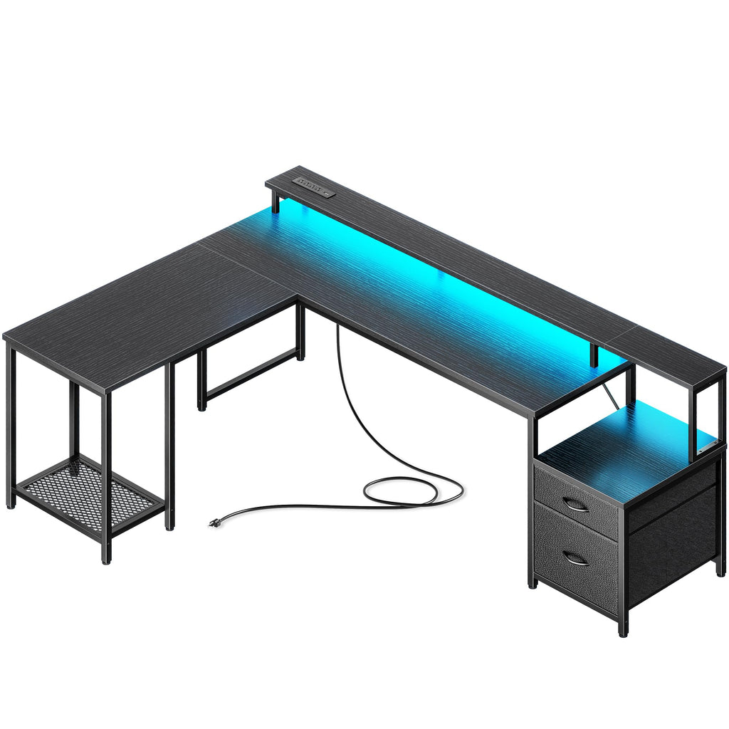66" L Shaped Gaming Desk with LED Lights & Power Outlets N8737