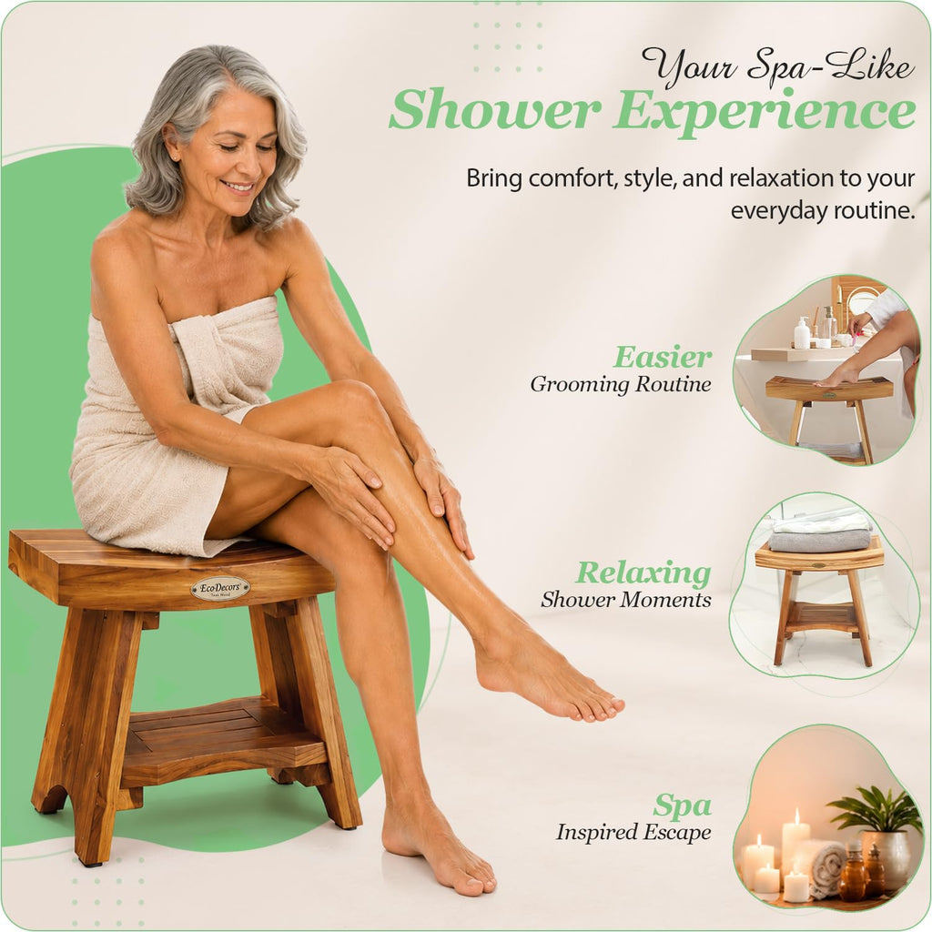 18" Solid Teak Shower Bench with Shelf U64161