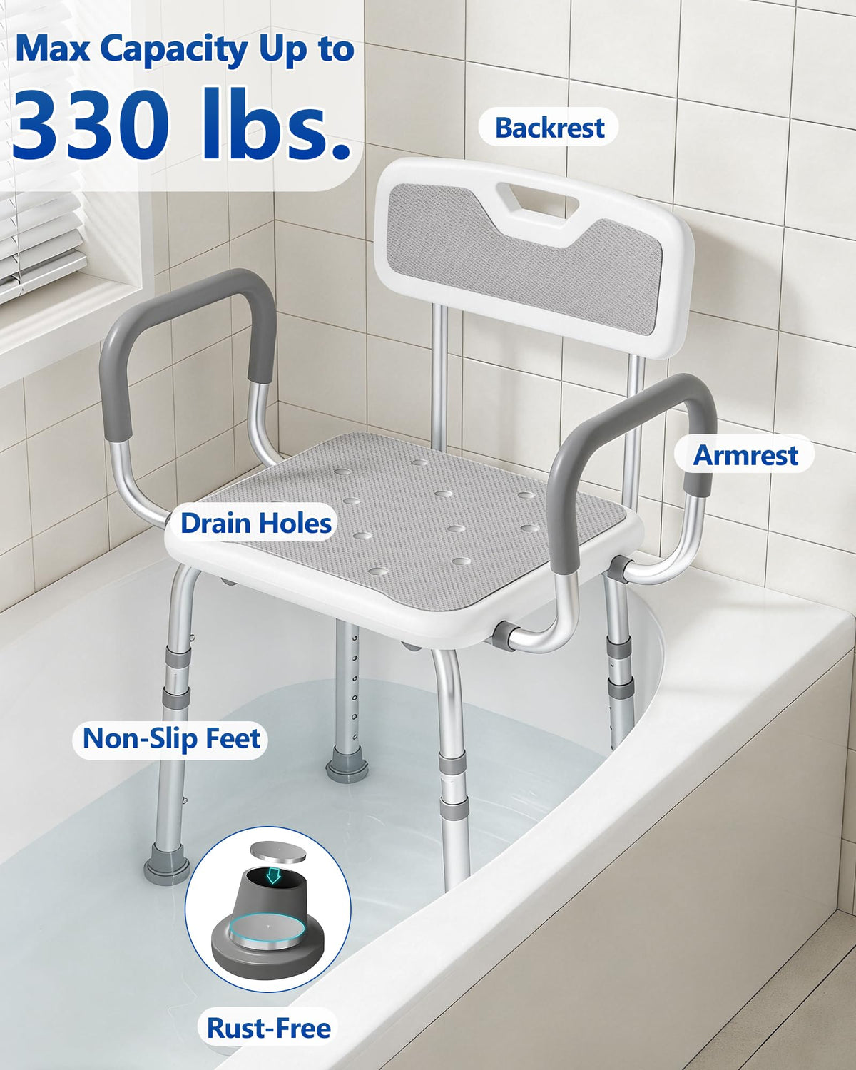 Height Adjustable Shower Chair with Back and Arms V94781