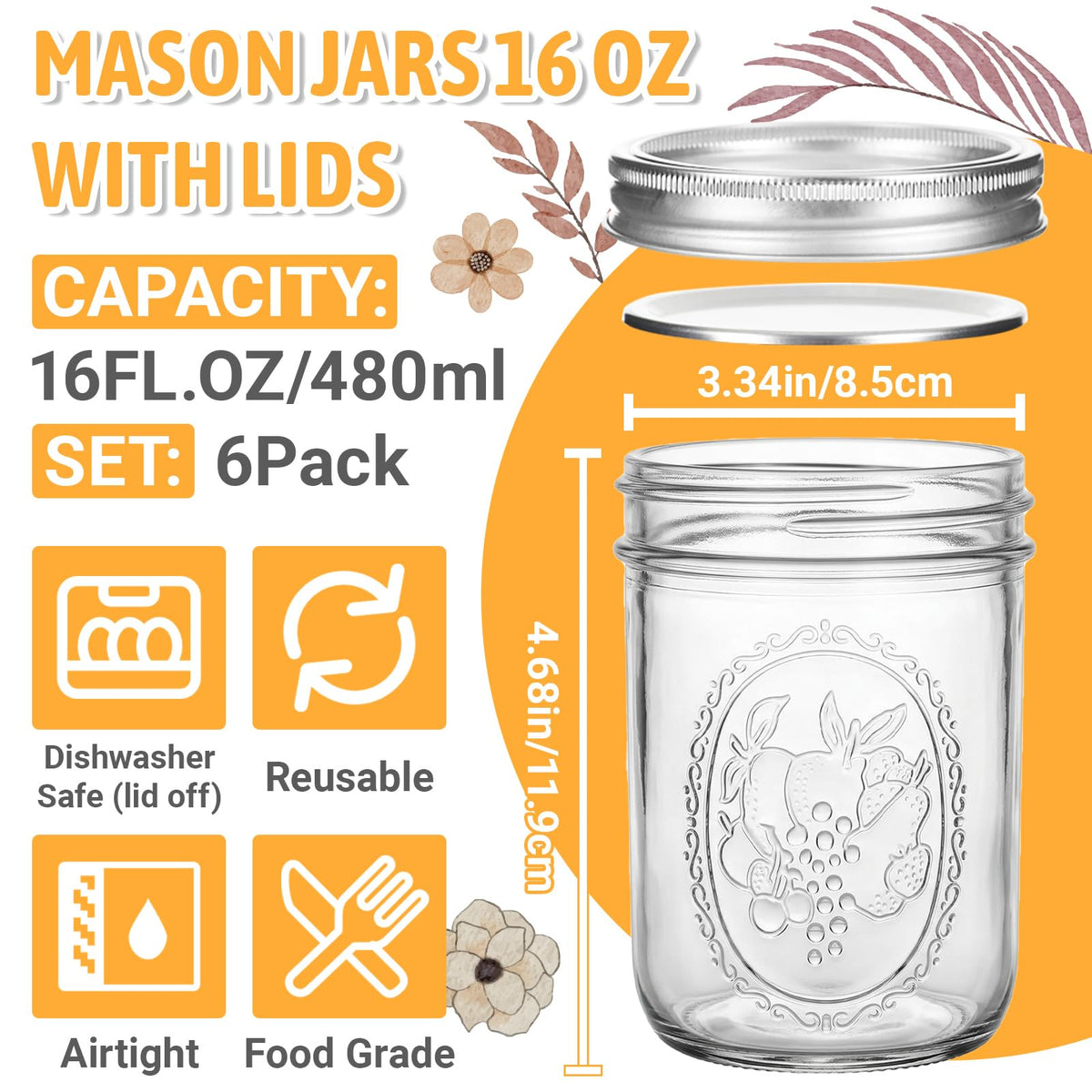 16 oz 6 Pack Wide Mouth Mason Jars with Airtight Lids P398601