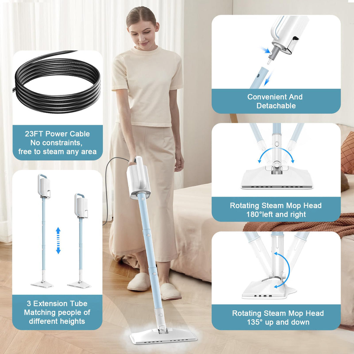 6 in1 Steam Mop Cleaner with 2 Modes, 2 Microfiber Pads, 400ML Removable Tank H728669