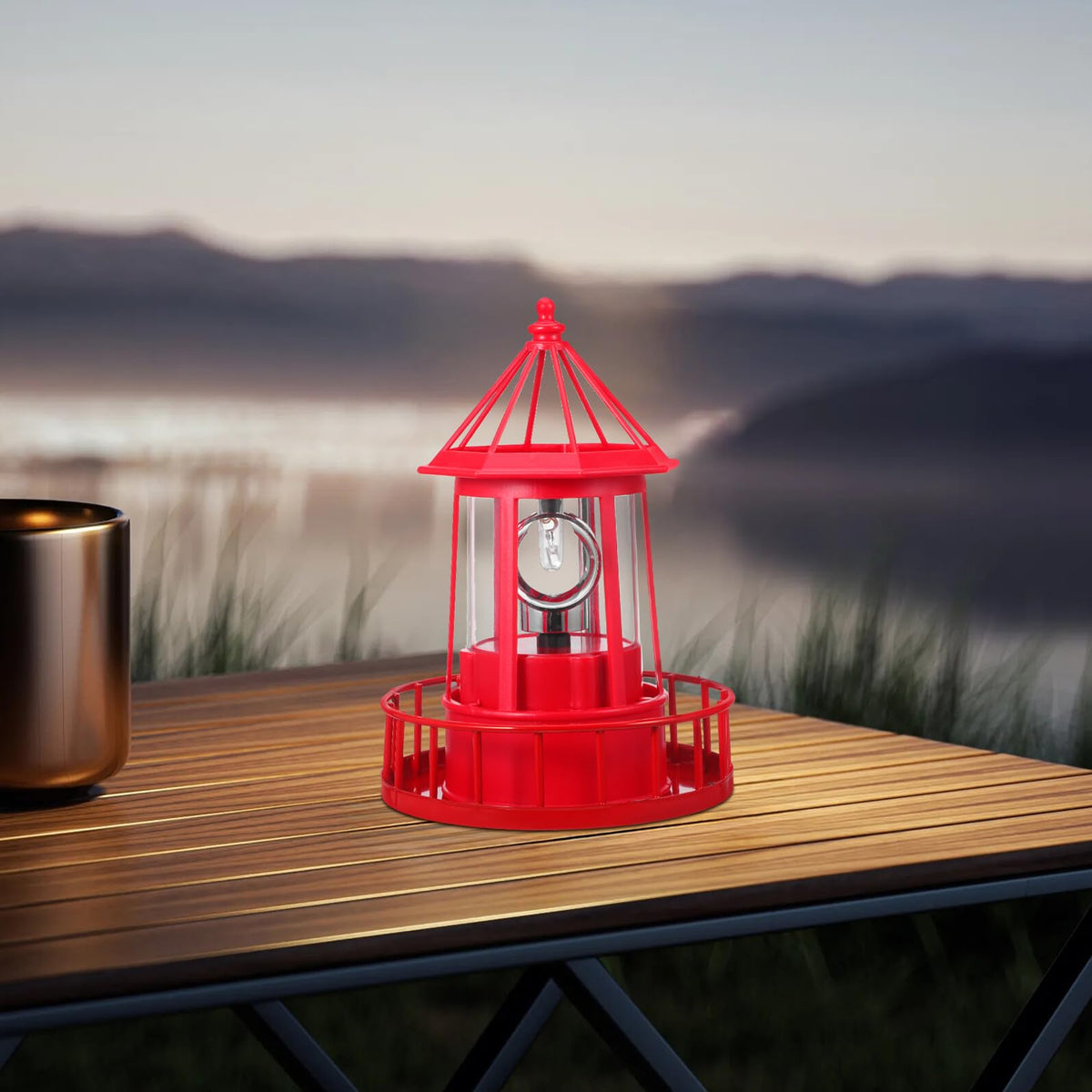 Solar Powered Rotating Lighthouse Garden Light Outdoor Waterproof Resin Iron Red N713928