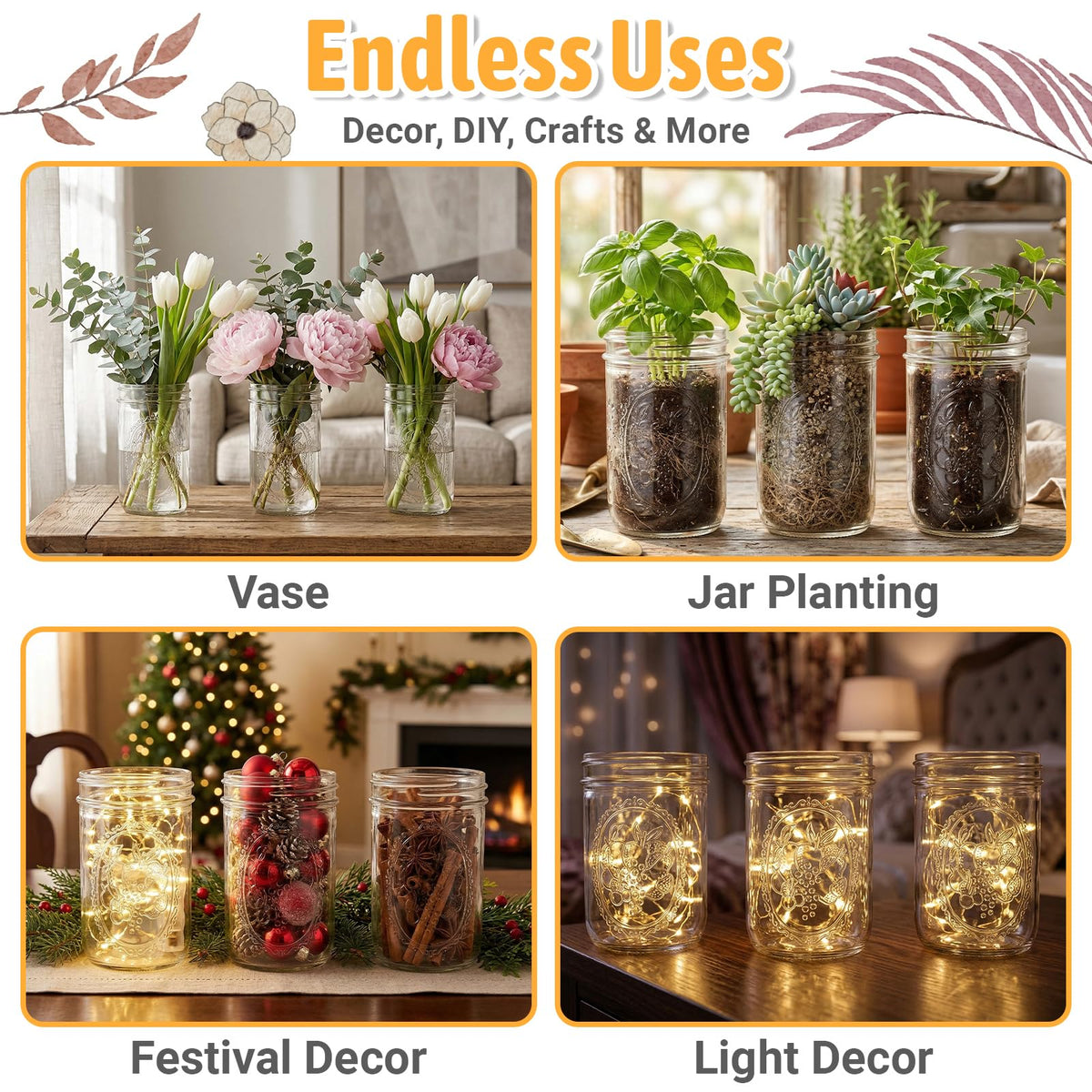 16 oz 6 Pack Wide Mouth Mason Jars with Airtight Lids P398601