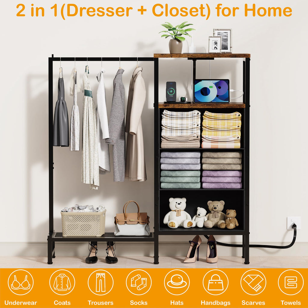 Brown 3 Drawer Fabric Dresser with Hanging Rack W112481