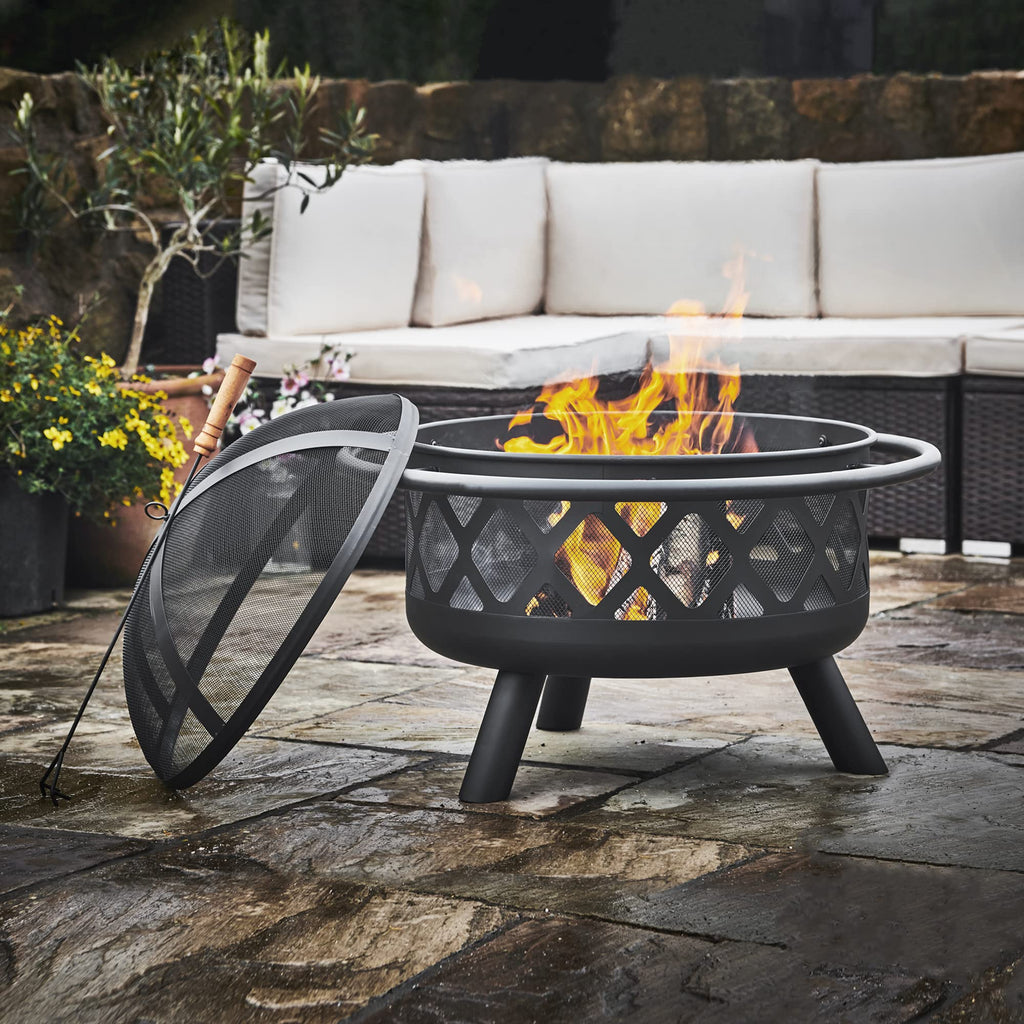 Round Steel 30 Inch Black Wood Burning Fire Pit D137858