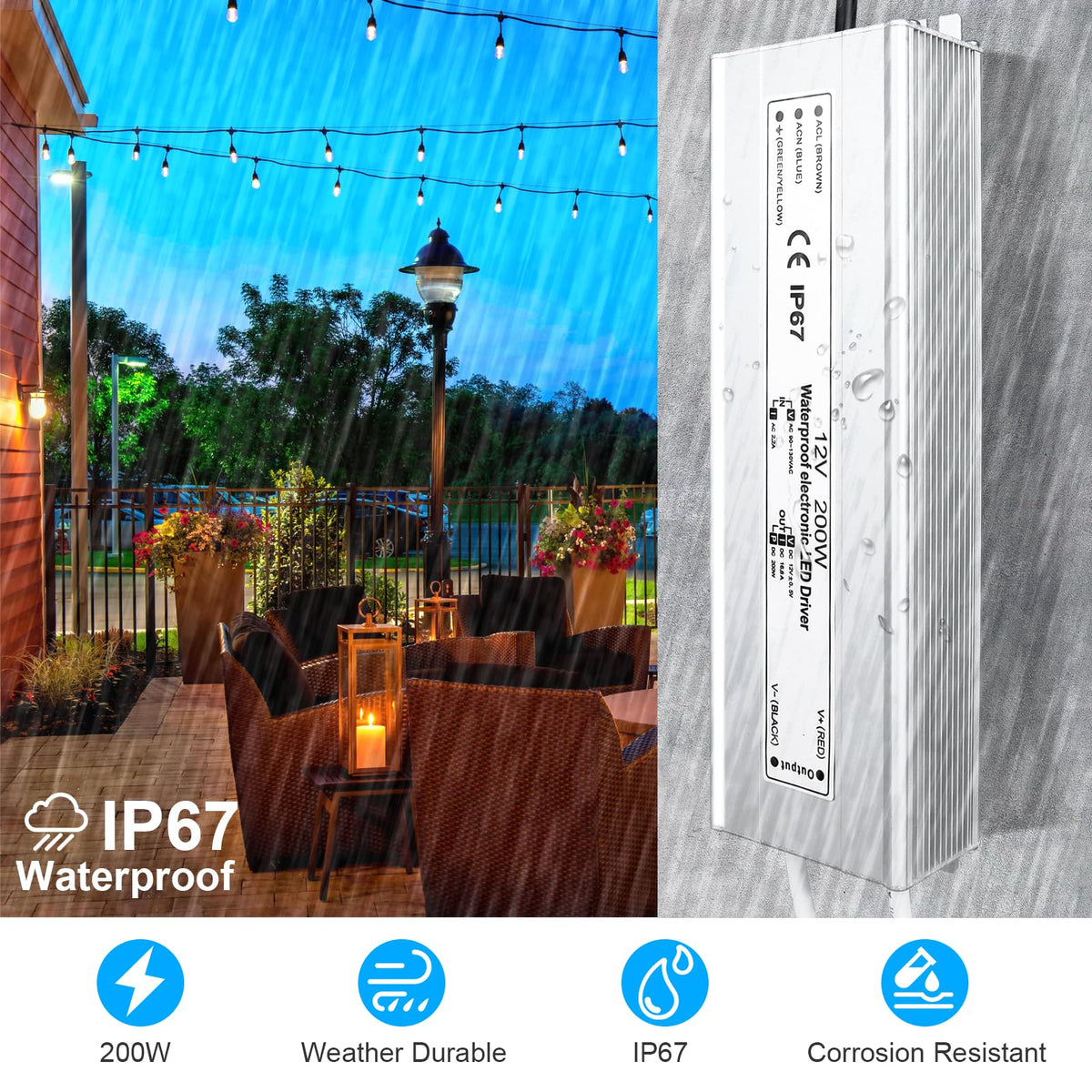 200 Watts Waterproof IP67 LED Driver 12V DC Power Supply A2825