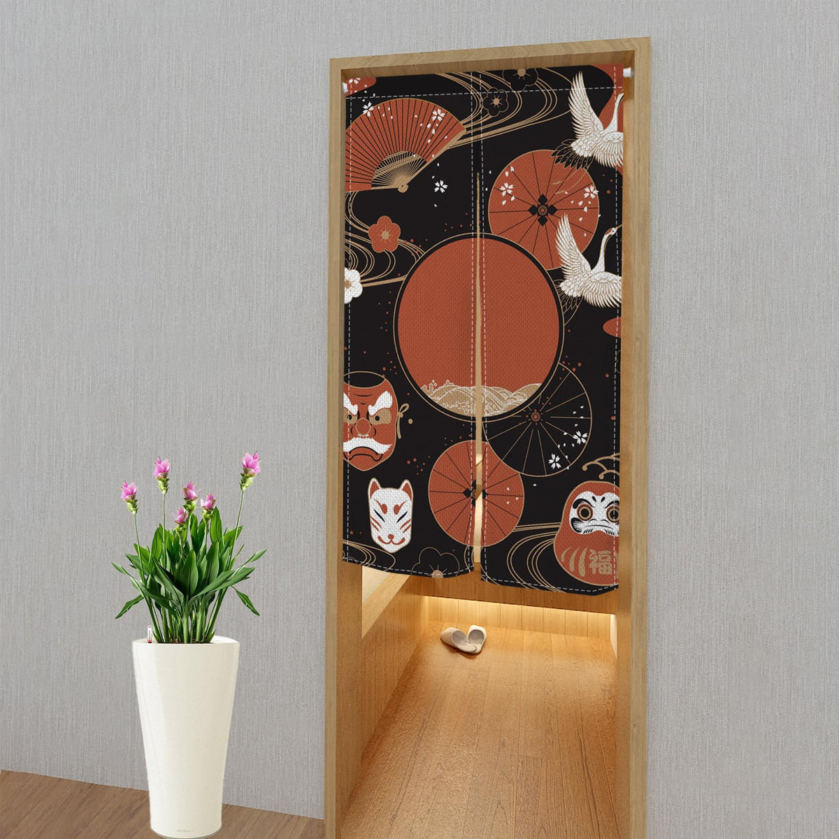 Japanese Noren Doorway Curtain Red Fan Painted Tapestry 33.5"x 70.9" O73643