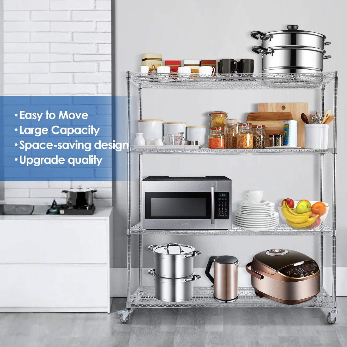 60" W 4-Tier Heavy Duty Wire Shelving 72" H x 24" D Metal Storage Rack with Wheels X633