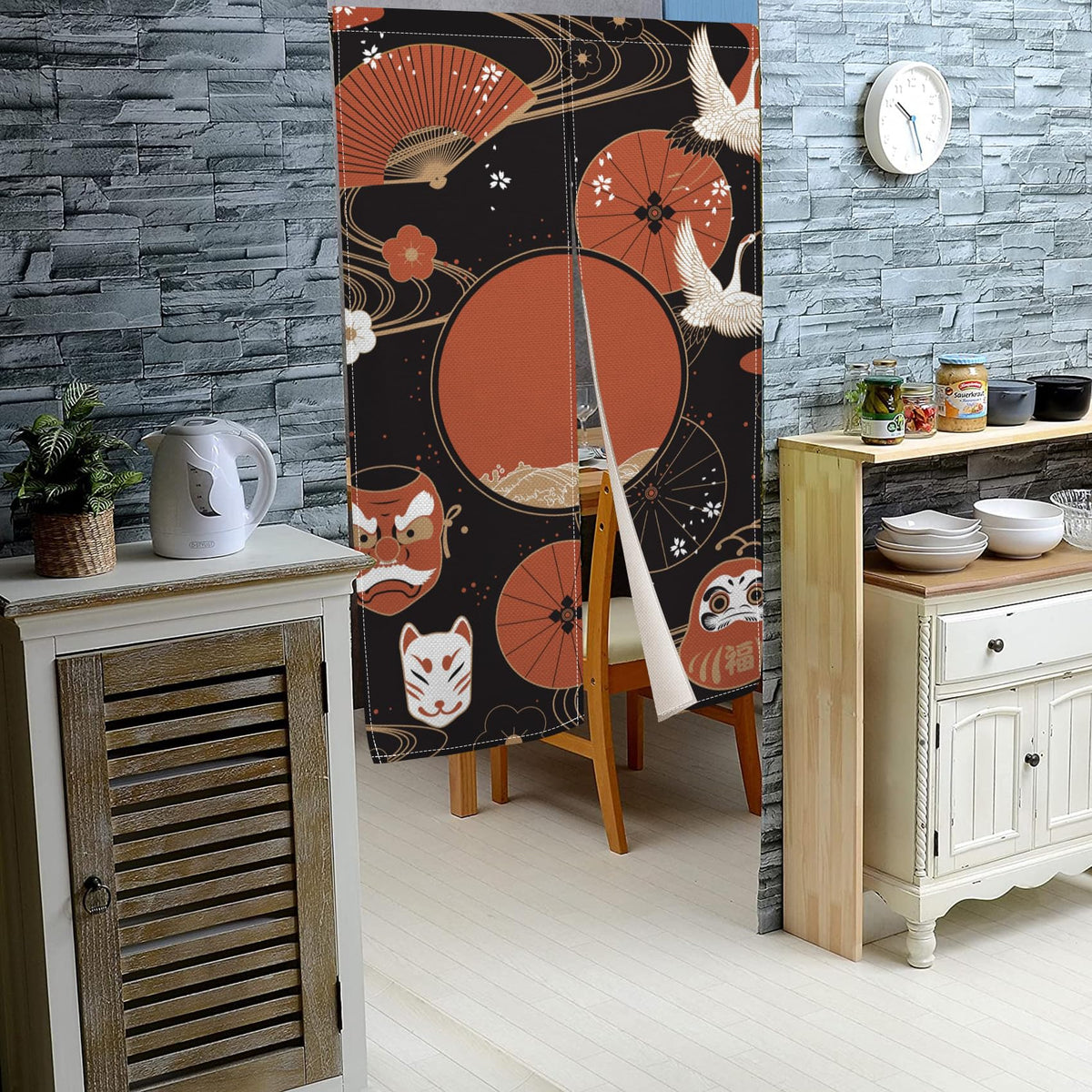 Japanese Noren Doorway Curtain Red Fan Painted Tapestry 33.5"x 70.9" O73643