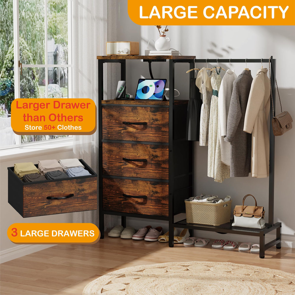 Brown 3 Drawer Fabric Dresser with Hanging Rack W112481