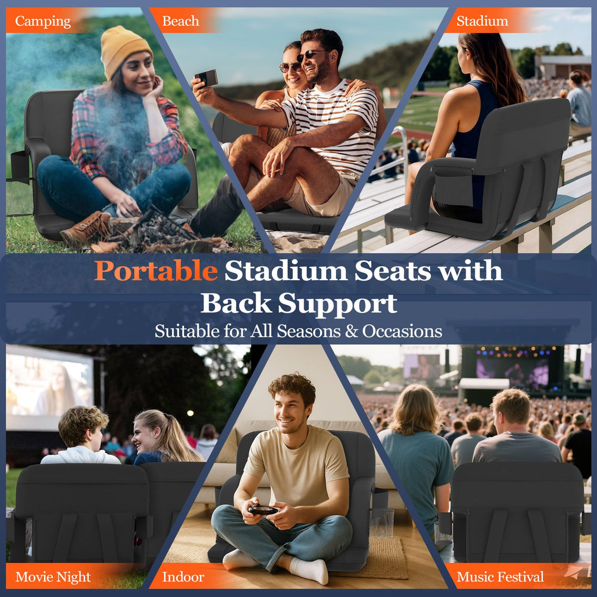 2pc Black Heated Stadium Seats with Back Support I646