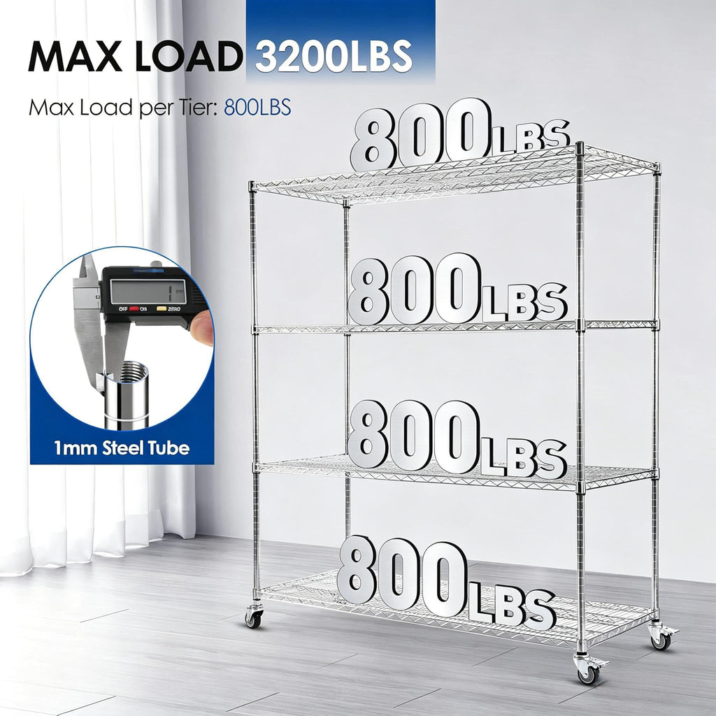 60" W 4-Tier Heavy Duty Wire Shelving 72" H x 24" D Metal Storage Rack with Wheels X633