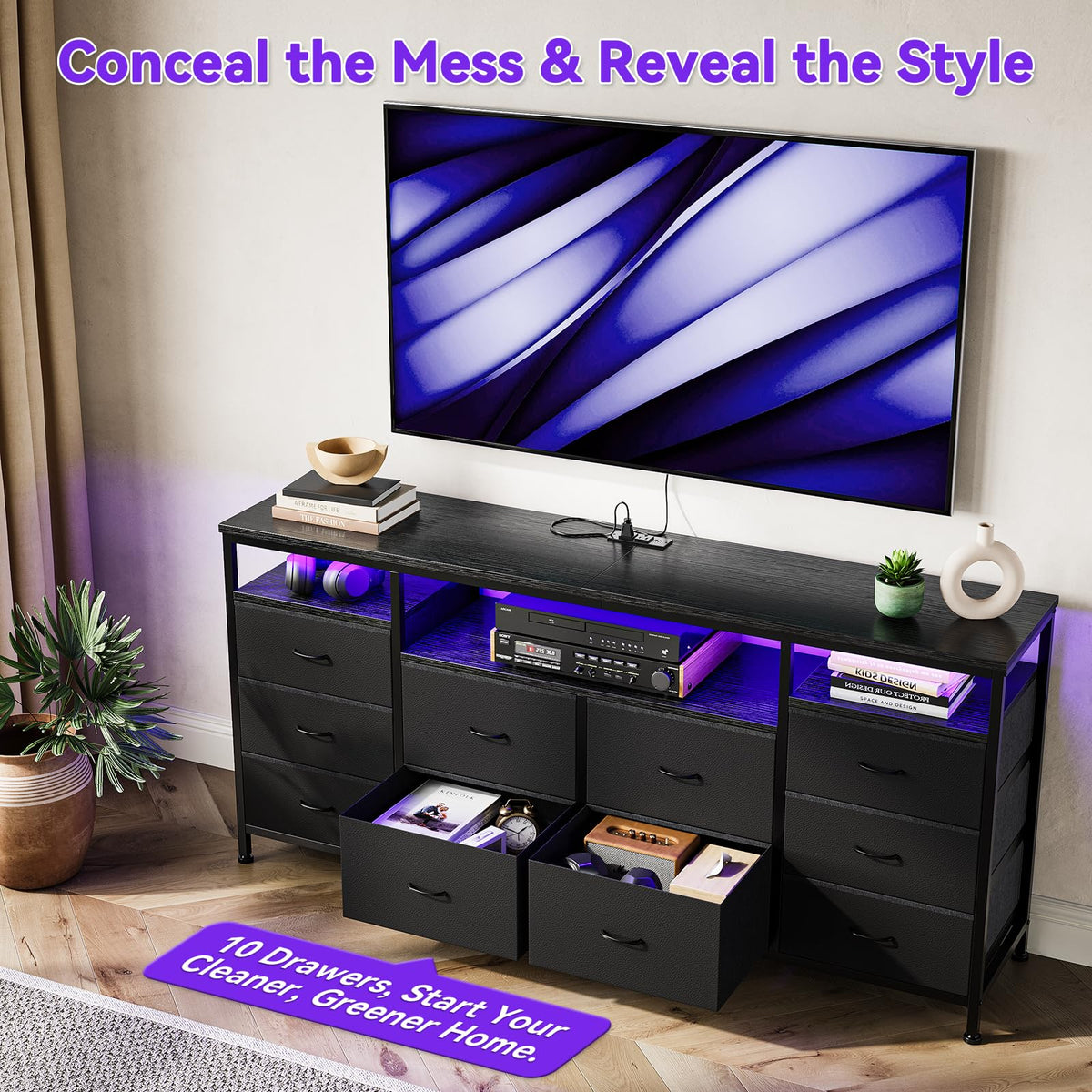 Black 10 Drawer Dresser TV Stand L8832