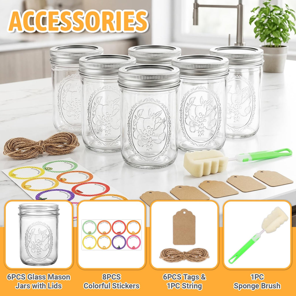 16 oz 6 Pack Wide Mouth Mason Jars with Airtight Lids P398601